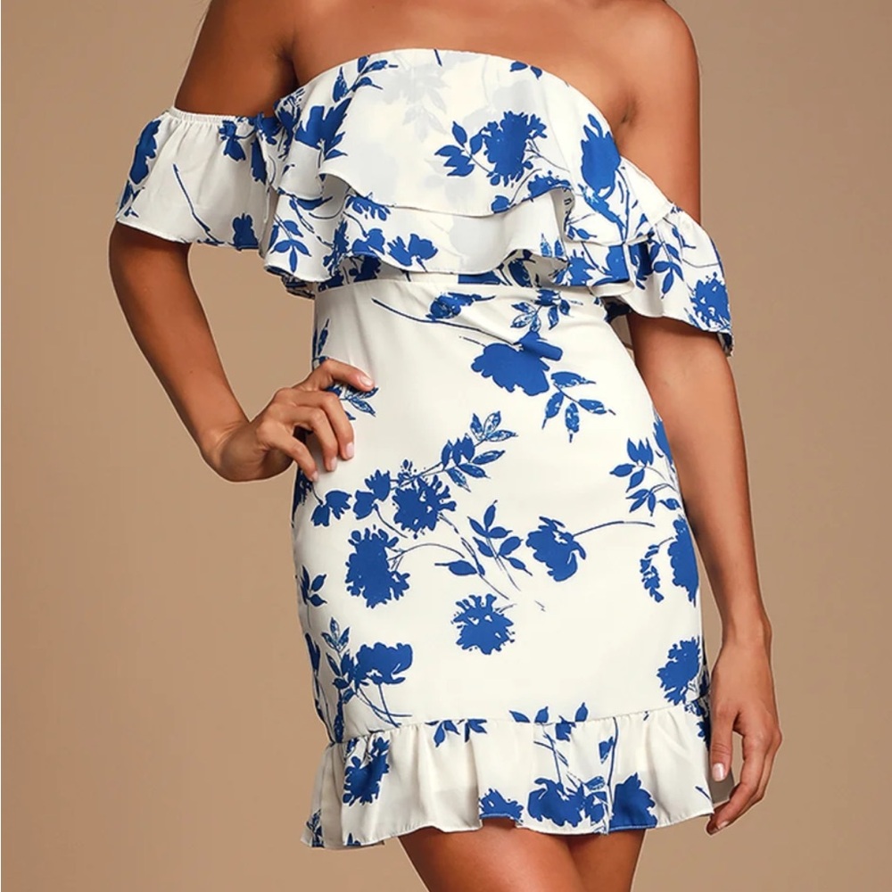 Off-the-Shoulder Blue Floral Dress